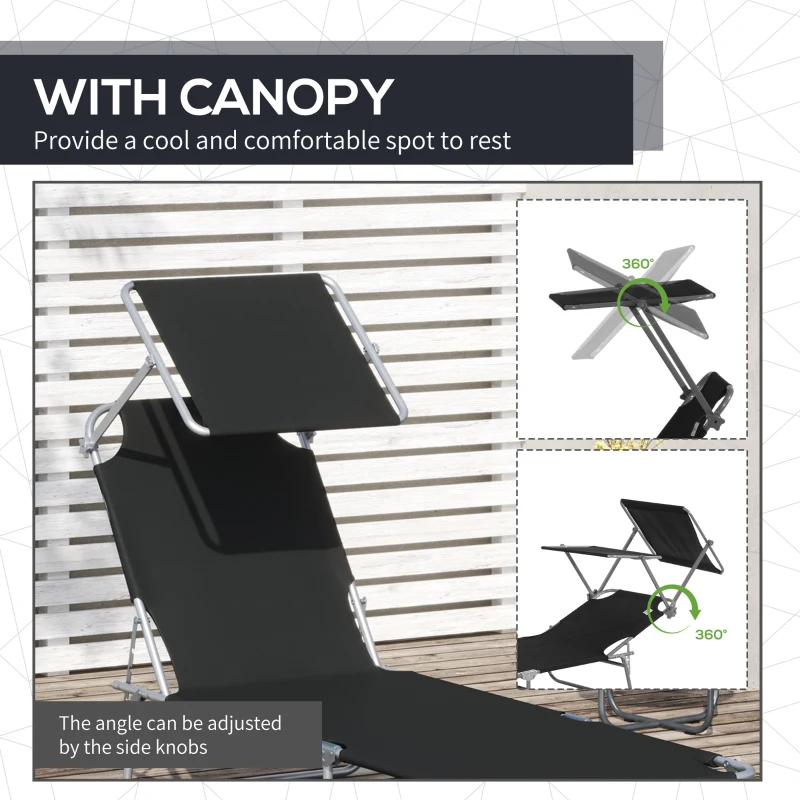 Outsunny Outdoor Lounge Chair, Adjustable Folding Chaise Lounge, Tanning Chair with Sun Shade for Beach, Camping, Hiking, Backyard, Black