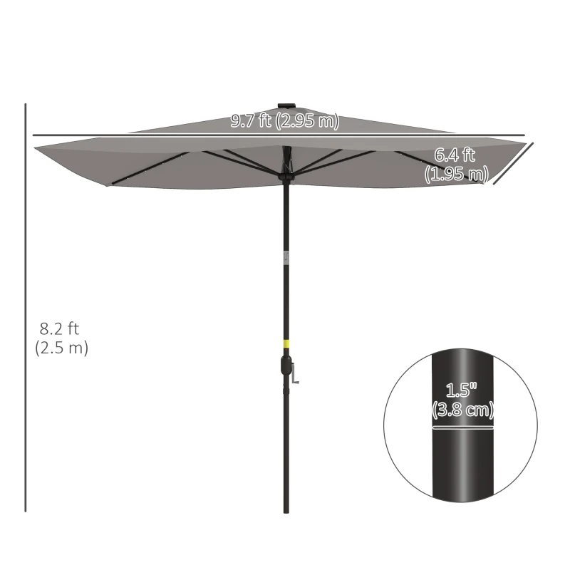 Outsunny 6.5x10ft Patio Umbrella Tilt Aluminum Outdoor Market Parasol with Solar Powered LEDs, Crank - Light Grey