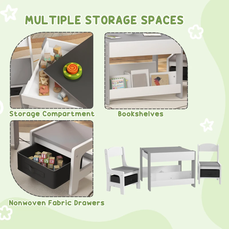 Qaba 3pc Kids Table and Chair Set with Reversible Tabletop Blackboard, Storage & Bookshelves, Gray
