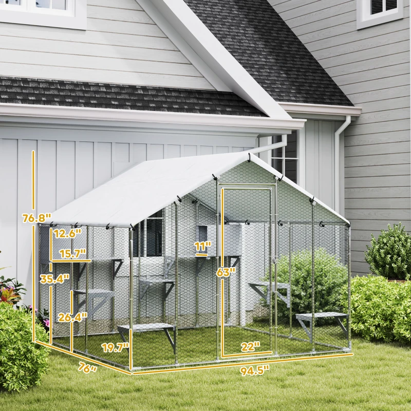 PawHut 94.5" Extra Large Metal Outdoor Catio with Waterproof Cover, 2 Resting Boxes, 7 Jumping Platforms, for Multiple Cats(m-3)