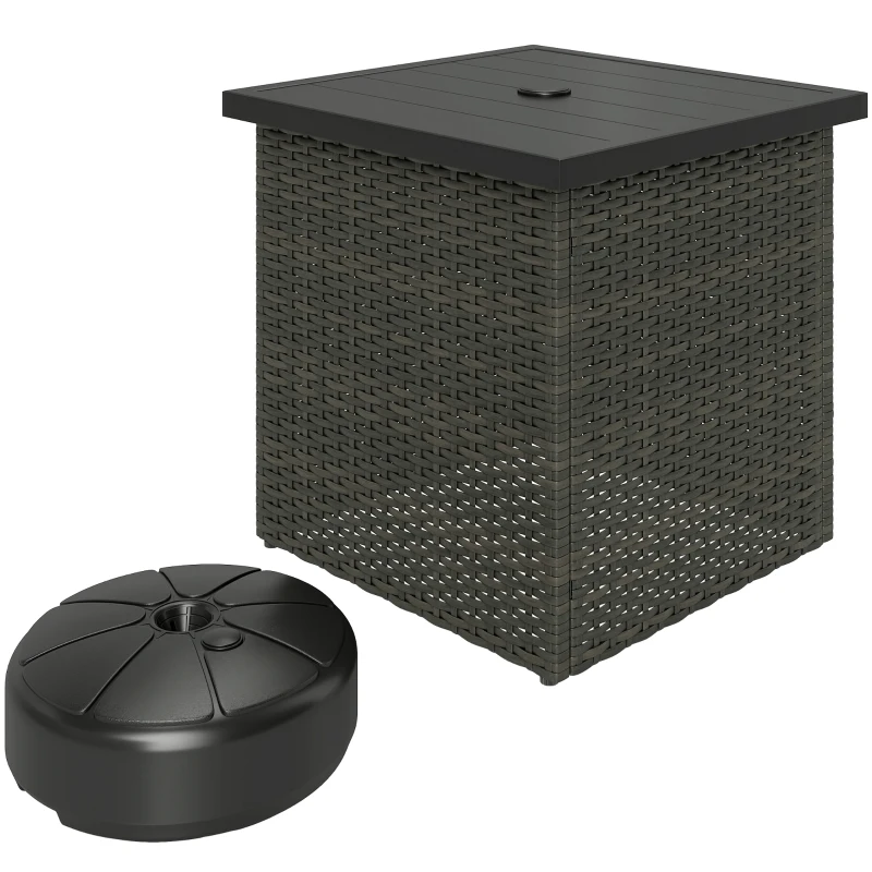 Outsunny Wicker Side Table with 1.5" Umbrella Hole, Square Outdoor End Table with UV-Resistant Frame, Storage Space, Mixed-Brown