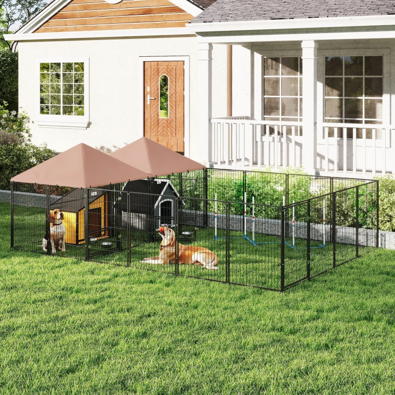 PawHut Large Outdoor Dog Kennel with 2 Rooms, Rotating & Adjustable Height Bowls, 13.5' x 9.4' x 5.1'(m-10)