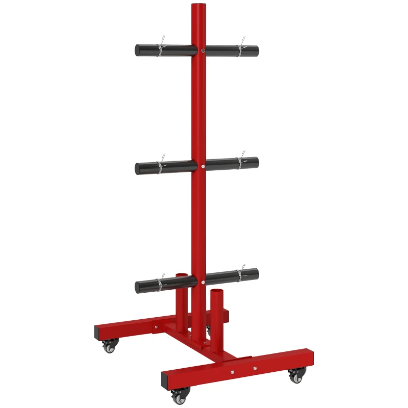 Soozier 2 Inch Weight Plate Rack, Plate Rack Holder for Olympic Weight Plates and Bars, with 4 Transport Wheels and 6 Fasten Clamps, 440 lbs. Capacity, Red