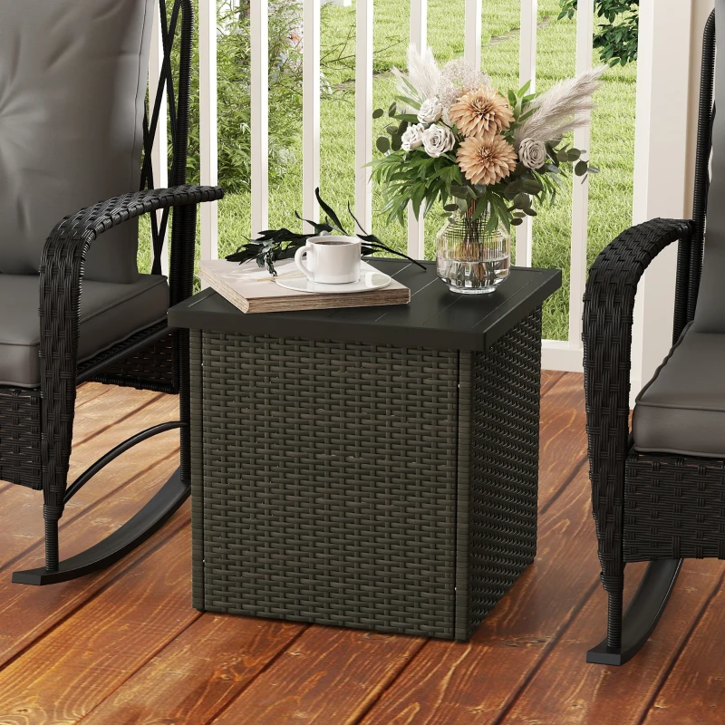 Outsunny Wicker Side Table with 1.5" Umbrella Hole, Square Outdoor End Table with UV-Resistant Frame, Storage Space, Mixed-Brown