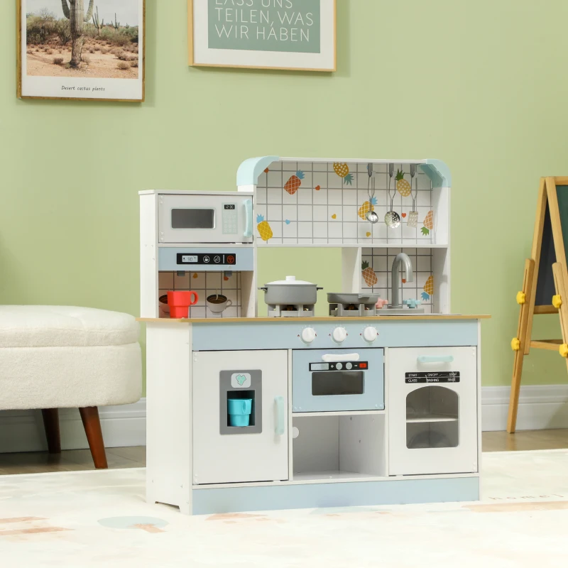 Qaba Play Kitchen, Kids Kitchen Playset with Coffee Machine, Ice Maker, Stove, Microwave, Oven, Sound & Lights