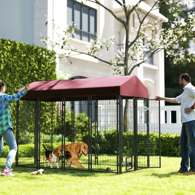 PawHut Outdoor Dog Kennel with Rotating Bowl Holders, Walk-in Pet Playpen with Waterproof Cover, 8' x 4' x 6', Red