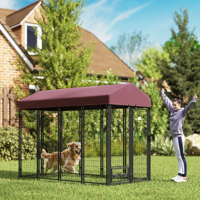 PawHut Outdoor Dog Kennel with Rotating Bowl Holders, Walk-in Pet Playpen with Waterproof Cover, 8' x 4' x 6', Red