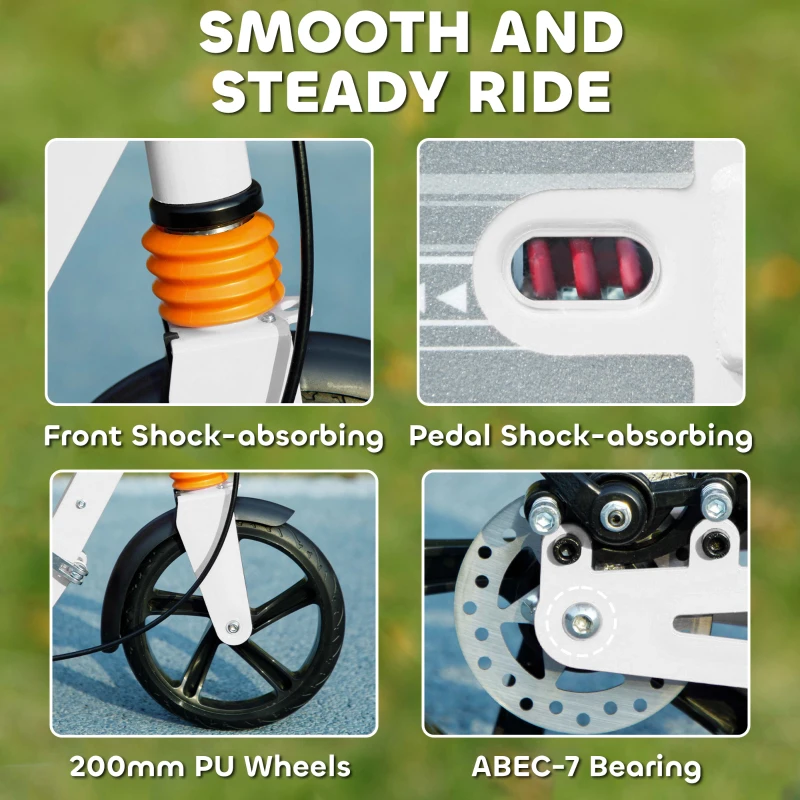 Qaba Foldable Kids Scooter with 4 Adjustable Heights, Double Brakes, and Shock Absorption for Ages 6-12, White