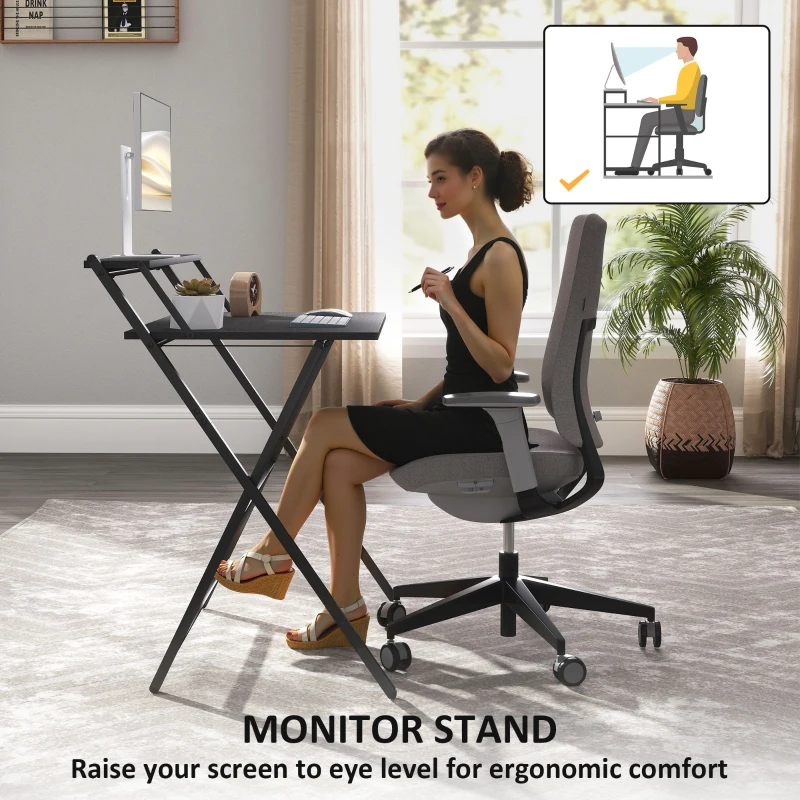HOMCOM Folding Computer Desk, 32" Foldable Desk with Monitor Shelf for Small Space, Home Office, Study, Easy Assembly, Black
