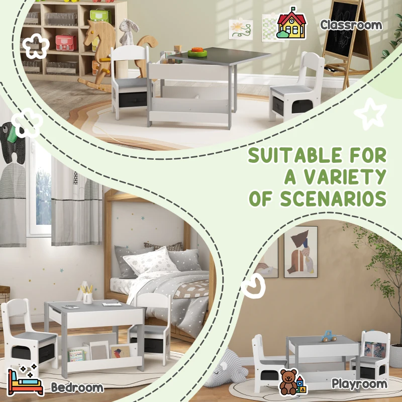 Qaba 3pc Kids Table and Chair Set with Reversible Tabletop Blackboard, Storage & Bookshelves, Gray