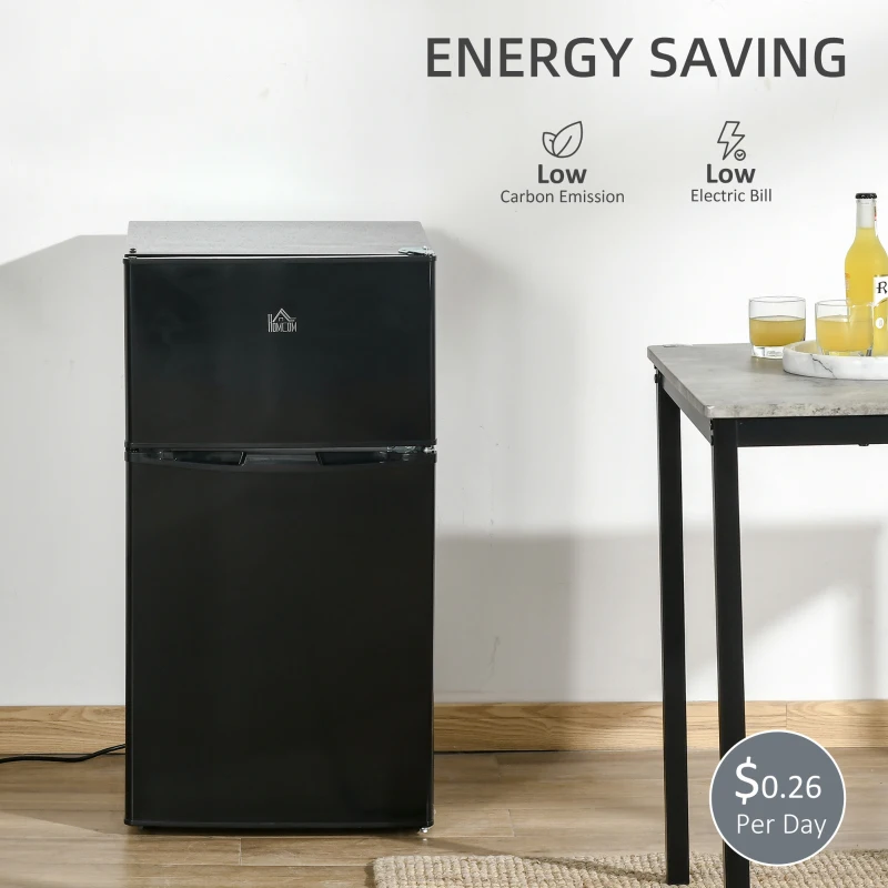 HOMCOM 3.2 Cu.Ft Mini Fridge with Freezer, Double Door Compact Refrigerator with Adjustable Thermostat, Shelf and Reversible Door for Bedroom, Dorm, Home Office, Energy Efficient, Black