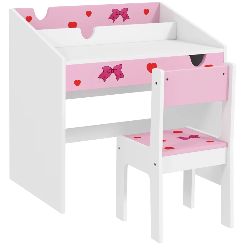 Qaba Kids Study Desk with Storage, Kids Desk and Chair Set for Bedroom & Study Room, Aged 3-6 Years, Pink