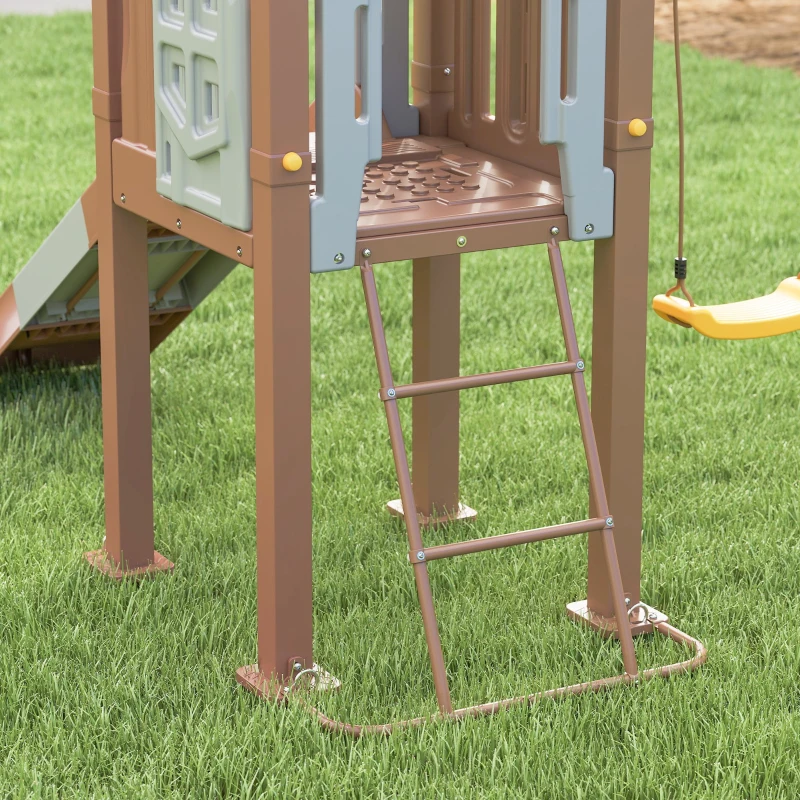 Qaba Kids Swing Set with 6 FT Slide, 2 Adjustable Swings, Fort with Canopy, Ladder, Ground Stakes for Ages 3-8, Brown