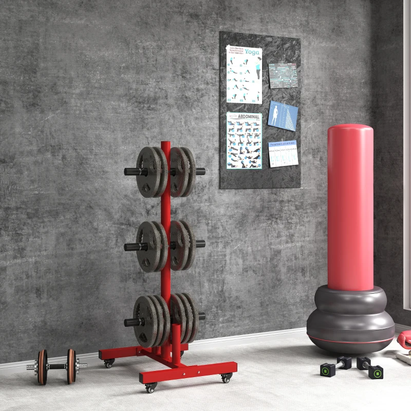 Soozier 2 Inch Weight Plate Rack, Plate Rack Holder for Olympic Weight Plates and Bars, with 4 Transport Wheels and 6 Fasten Clamps, 440 lbs. Capacity, Red