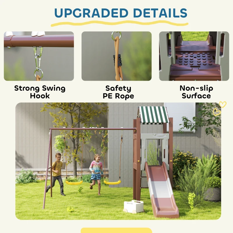 Qaba Kids Swing Set with 6 FT Slide, 2 Adjustable Swings, Fort with Canopy, Ladder, Ground Stakes for Ages 3-8, Brown