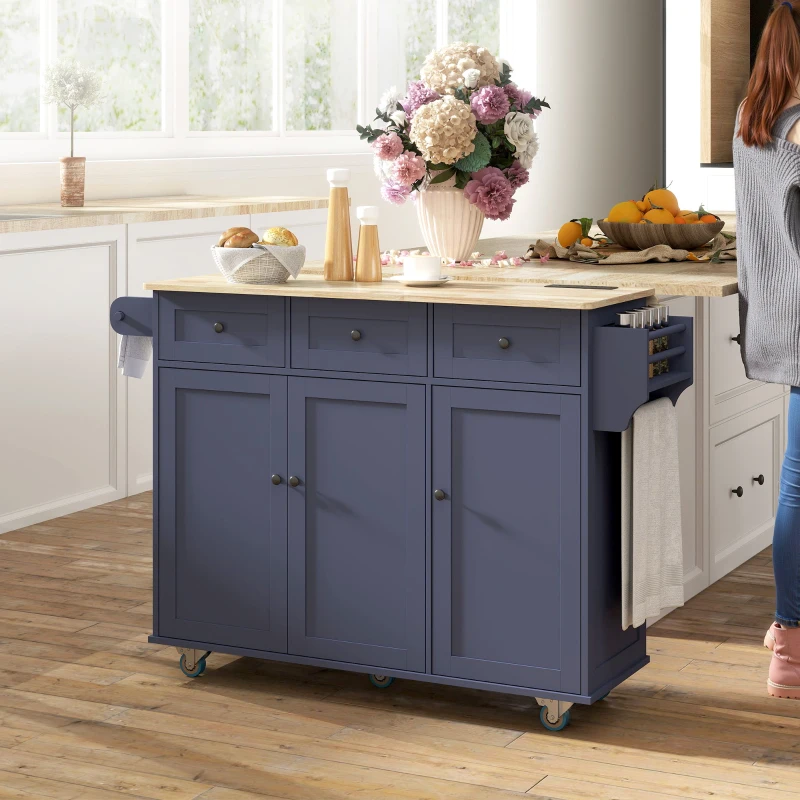 HOMCOM Kitchen Island on Wheels with Drop Leaf, Charging Station, Rolling Kitchen Cart with Wood Top, Adjustable Shelf, Blue