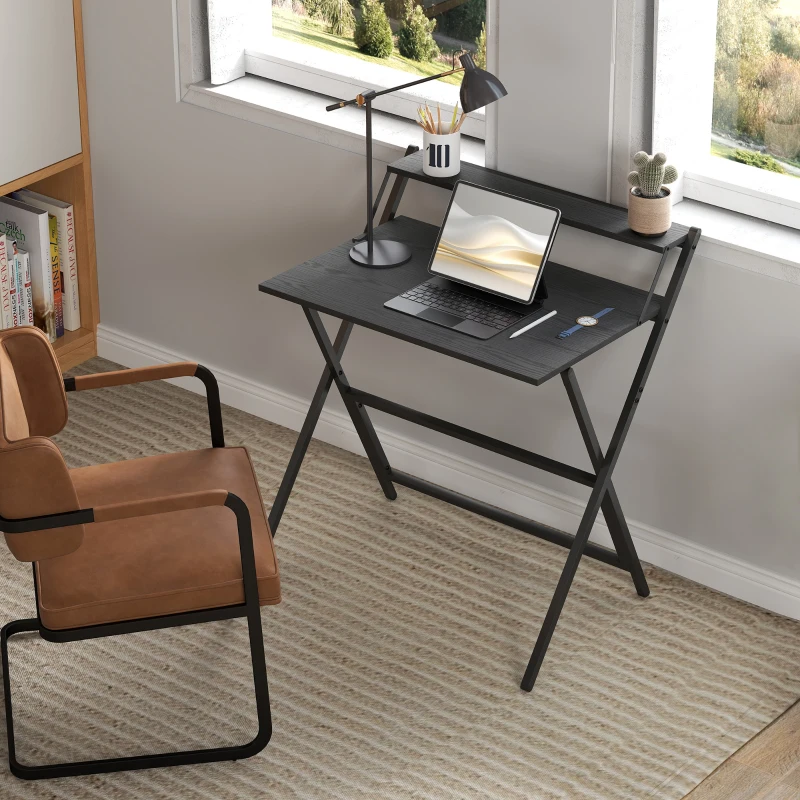 HOMCOM Folding Computer Desk, 32" Foldable Desk with Monitor Shelf for Small Space, Home Office, Study, Easy Assembly, Black