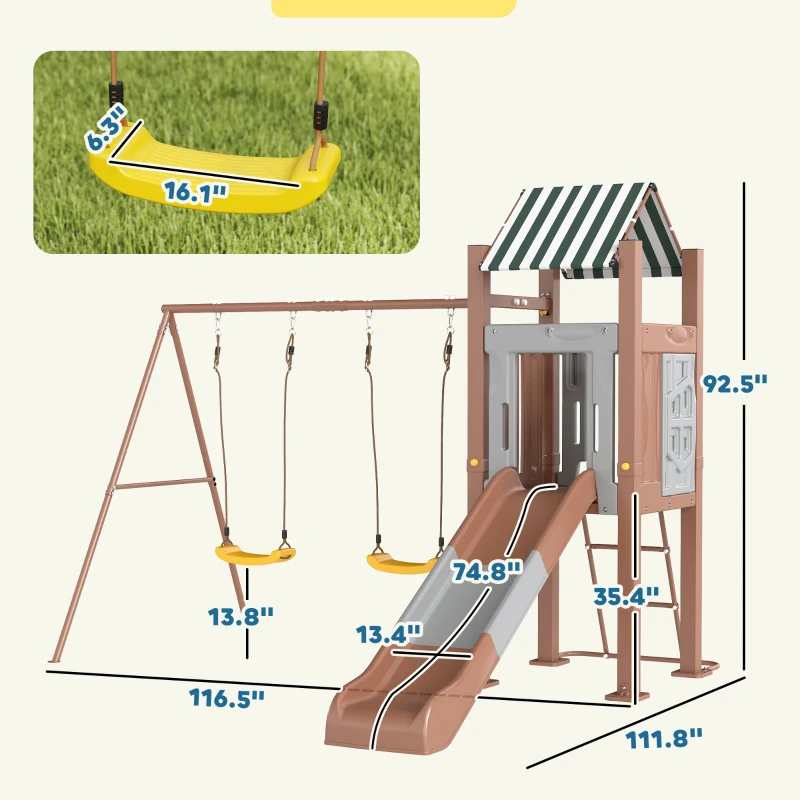 Qaba Kids Swing Set with 6 FT Slide, 2 Adjustable Swings, Fort with Canopy, Ladder, Ground Stakes for Ages 3-8, Brown