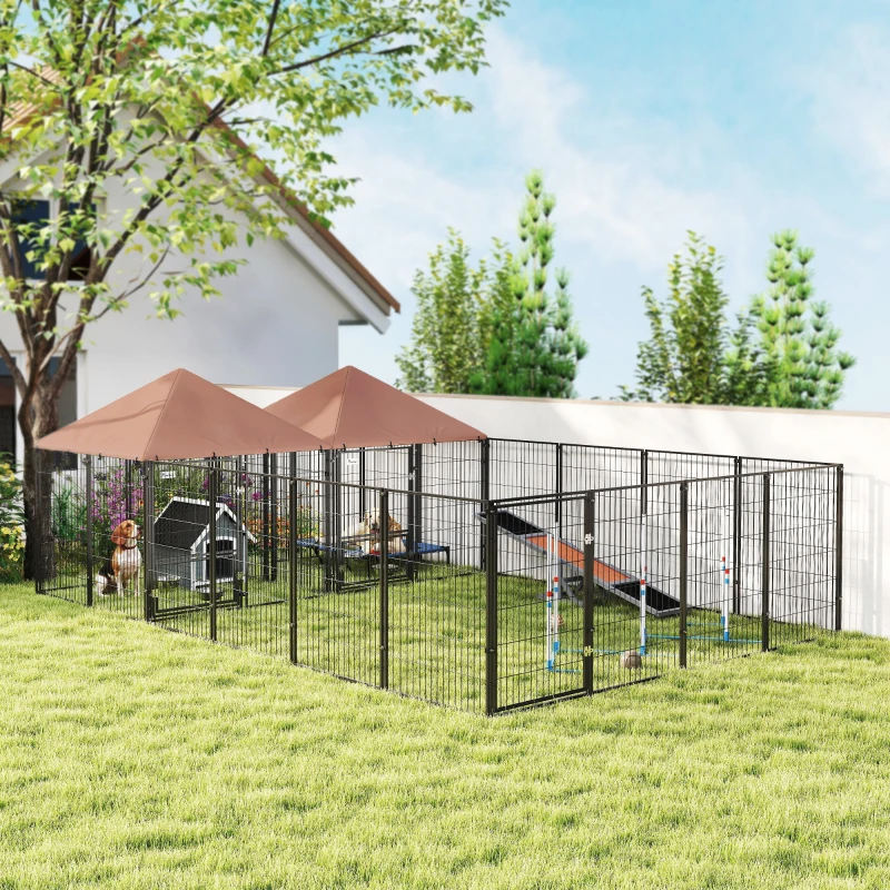 PawHut Large Outdoor Dog Kennel with 2 Rooms, Rotating & Adjustable Height Bowls, 13.5' x 9.4' x 5.1'(m-2)