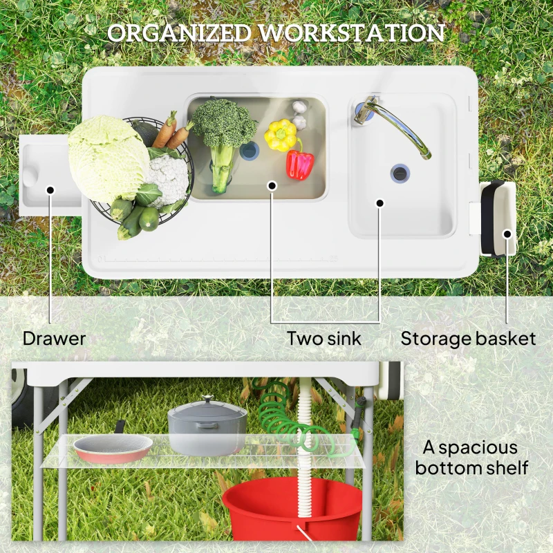 Outsunny Folding Fish Cleaning Table with Sinks, Portable Camping Sink Table with Faucet, Drainage Hose, Sprayer, Shelf, Drawer and Storage Basket, Outdoor Fillet Table for Picnic Beach Patio, White