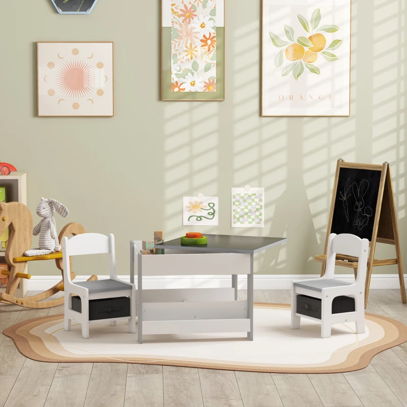 Qaba 3pc Kids Table and Chair Set with Reversible Tabletop Blackboard, Storage & Bookshelves, Gray