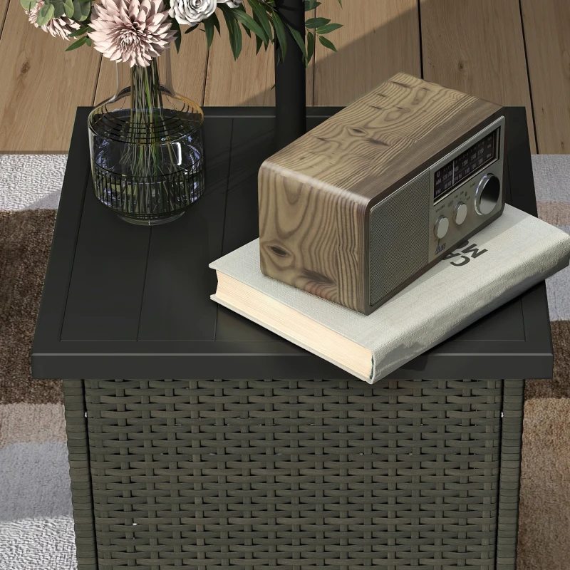 Outsunny Wicker Side Table with 1.5" Umbrella Hole, Square Outdoor End Table with UV-Resistant Frame, Storage Space, Mixed-Brown