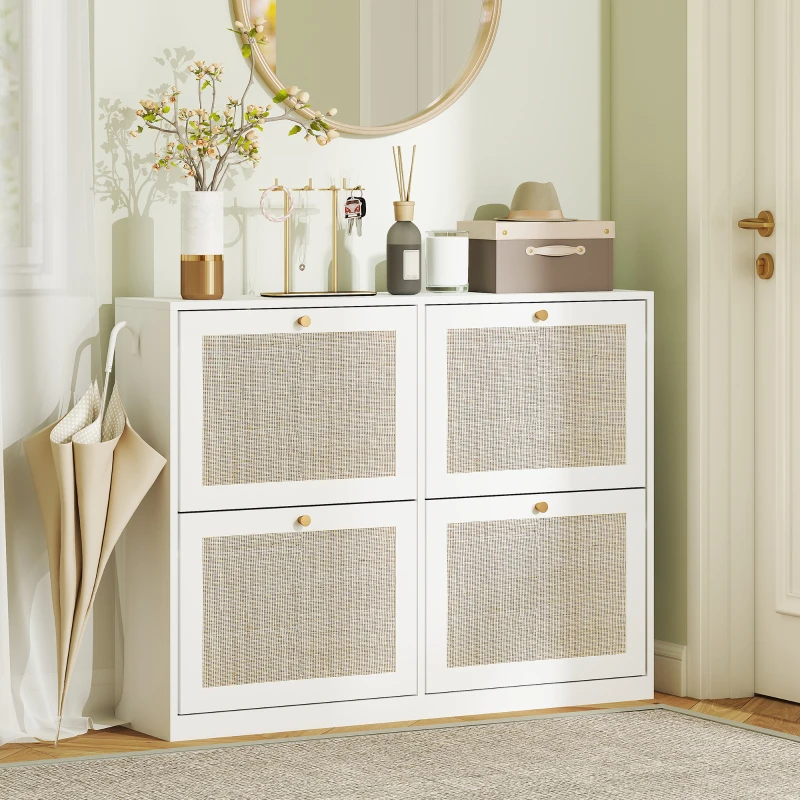 HOMCOM Narrow Shoe Storage Cabinet, Rattan Shoe Cabinet with 4 Flip Drawers and Adjustable Shelves for 20 Pairs, White