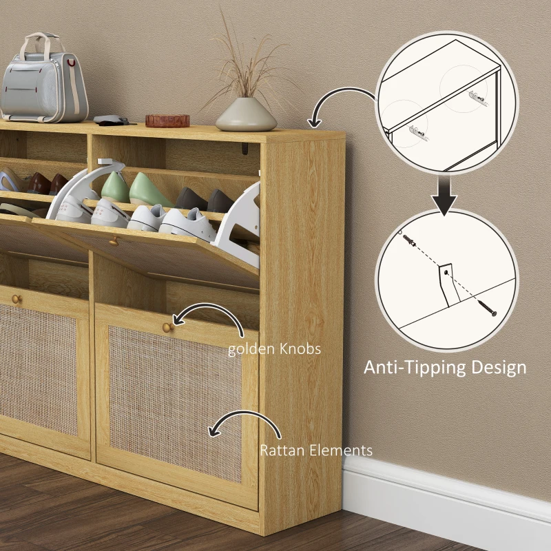 HOMCOM Narrow Shoe Storage Cabinet, Rattan Shoe Cabinet with 4 Flip Drawers and Adjustable Shelves for 20 Pairs, Oak
