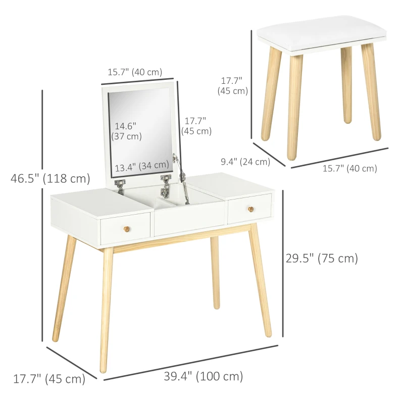 HOMCOM Makeup Vanity Desk with Flip Top Mirror and Cushioned Stool, Dressing Table Writing Desk with 2 Drawers and Storage Grids for Bedroom (White)