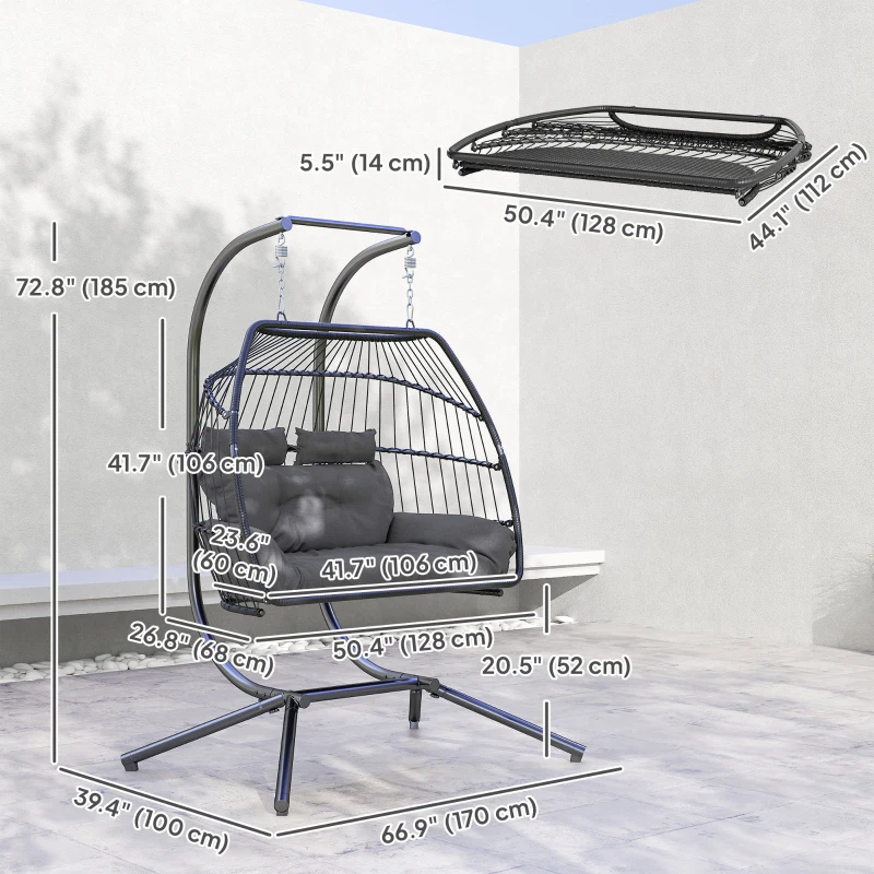 Outsunny Double Wicker Egg Swing Chair with Stand, Foldable Hanging Egg Chair with UV Resistant Cushion, Headrest, Dark Grey