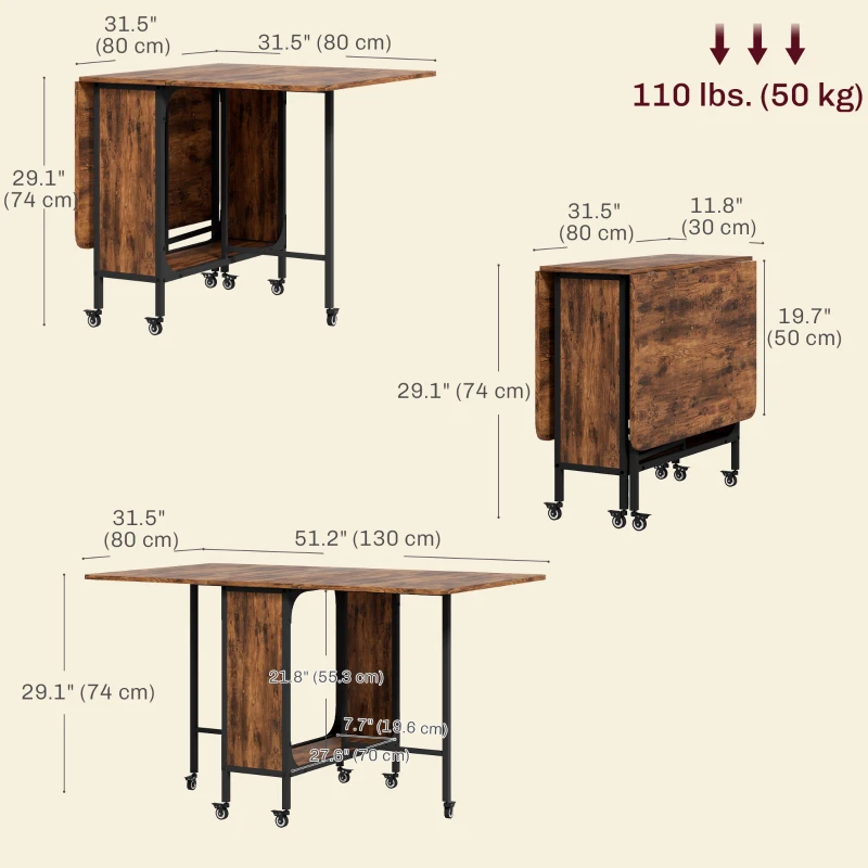 HOMCOM Folding Dining Table, Extendable Kitchen Table for Small Spaces with Storage Shelf and 6 Wheels, Rustic Brown