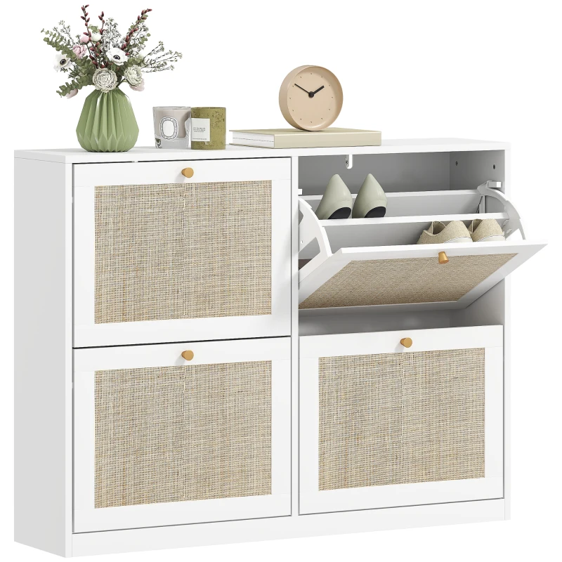HOMCOM Narrow Shoe Storage Cabinet, Rattan Shoe Cabinet with 4 Flip Drawers and Adjustable Shelves for 20 Pairs, White