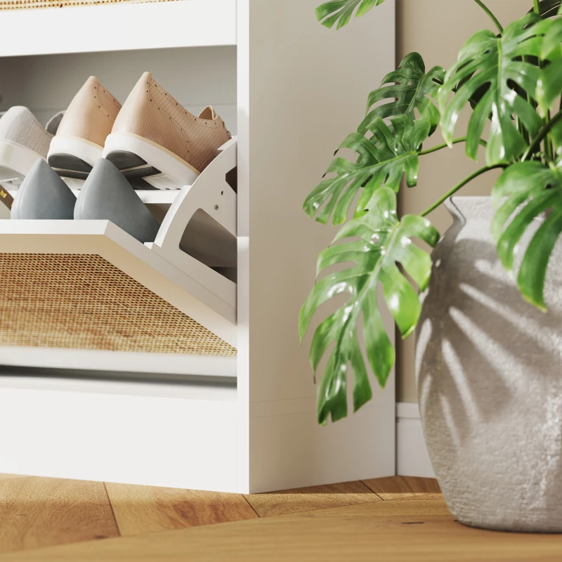 HOMCOM Rattan Shoe Storage Cabinet with 3 Flip Drawers and Adjustable Shelves, Entryway Shoe Cabinet for 18 Pairs, White