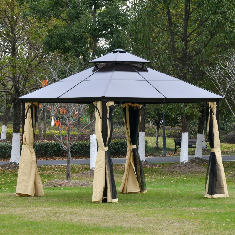 Outsunny 10' x 10' 2-Tier Outdoor Gazebo Canopy with Polycarbonate Roof, Curtains and Netting, for Garden, Deck, Beige