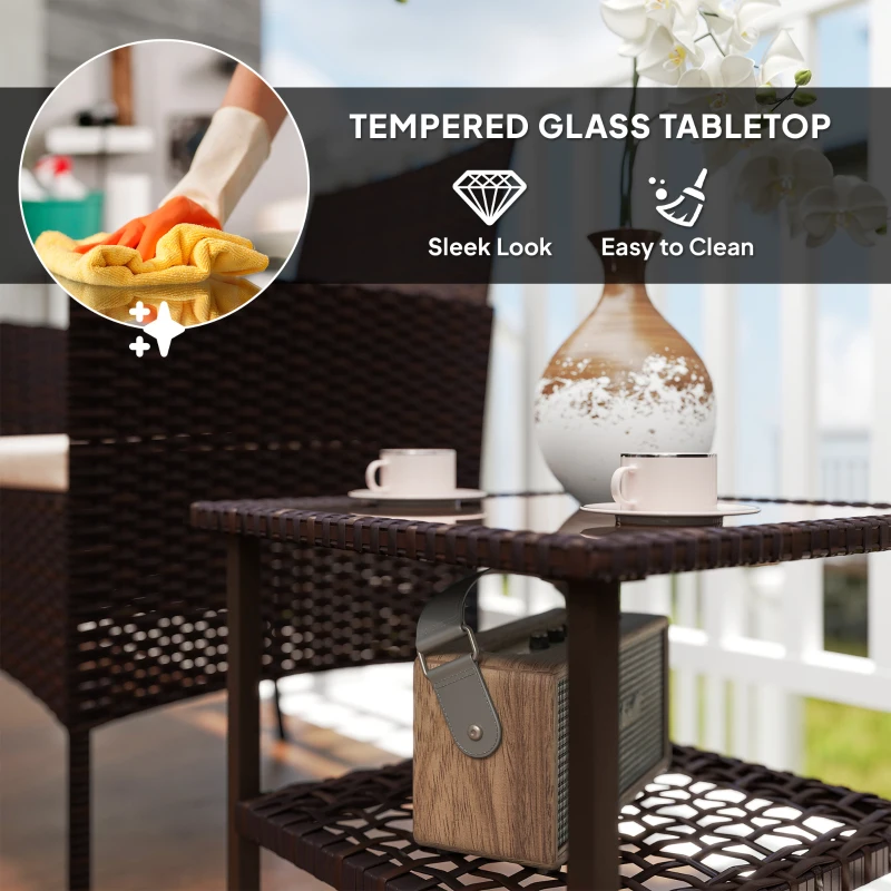 Outsunny Wicker Bistro Set, 3 Piece Patio Furniture Set with 2-Tier Glass Top Table, Cushions for Balcony, Porch, Beige