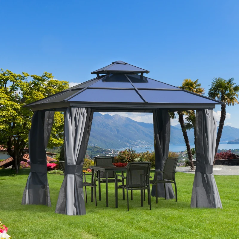 Outsunny 10'x10' Hardtop Patio Gazebo Aluminum Gazebo Deck Canopy with Double Tier Roof, Curtains, Netting Sidewalls, Black & Grey