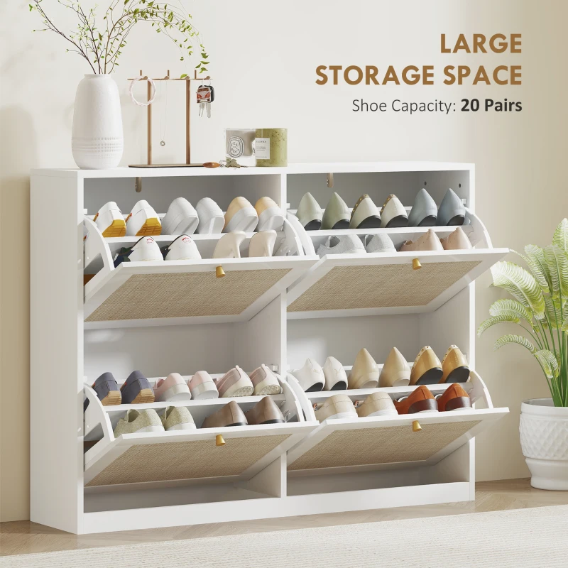 HOMCOM Narrow Shoe Storage Cabinet, Rattan Shoe Cabinet with 4 Flip Drawers and Adjustable Shelves for 20 Pairs, White