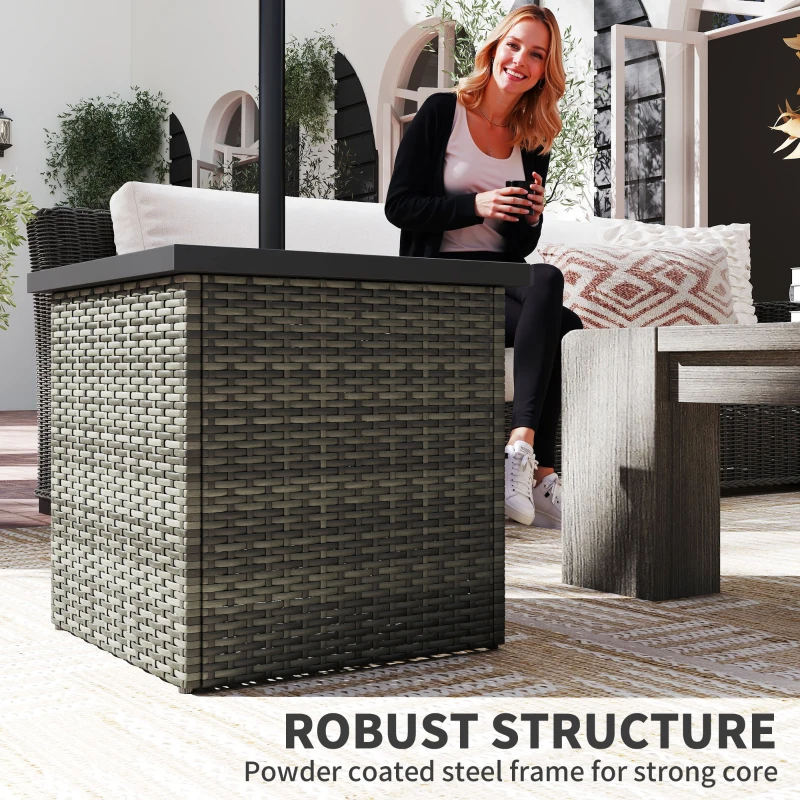 Outsunny Wicker Side Table with 1.5" Umbrella Hole, Square Outdoor End Table with UV-Resistant Frame, Storage Space, Mixed-Gray