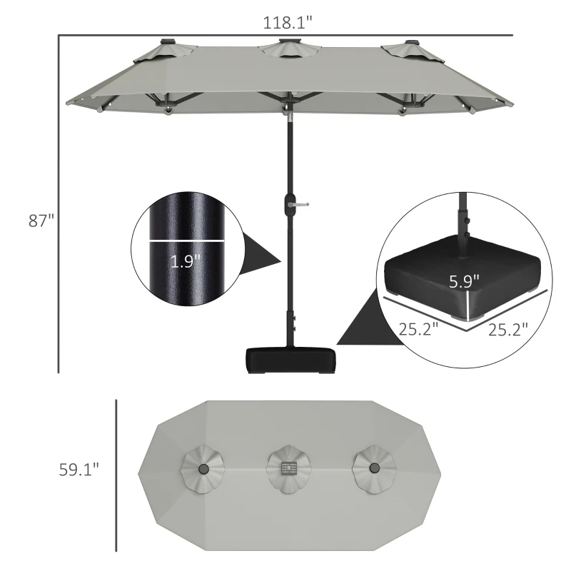 Outsunny Double-sided Outdoor Patio Umbrella with Solar Lights and Base, Dining Table Umbrella Push Button Tilt, Gray