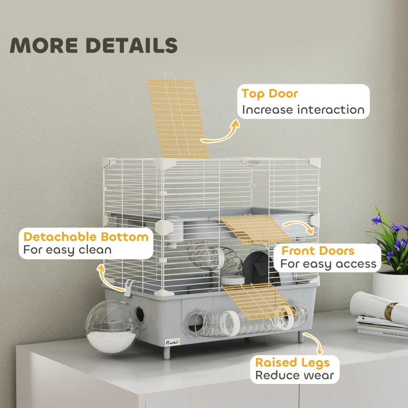 PawHut 2-Tier Hamster Cage with Sand Bathroom, Running Wheel, Water Bottle, Tubes, Accessories, for Dwarf Hamster, Gray