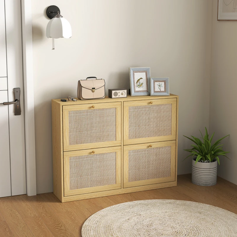 HOMCOM Narrow Shoe Storage Cabinet, Rattan Shoe Cabinet with 4 Flip Drawers and Adjustable Shelves for 20 Pairs, Oak