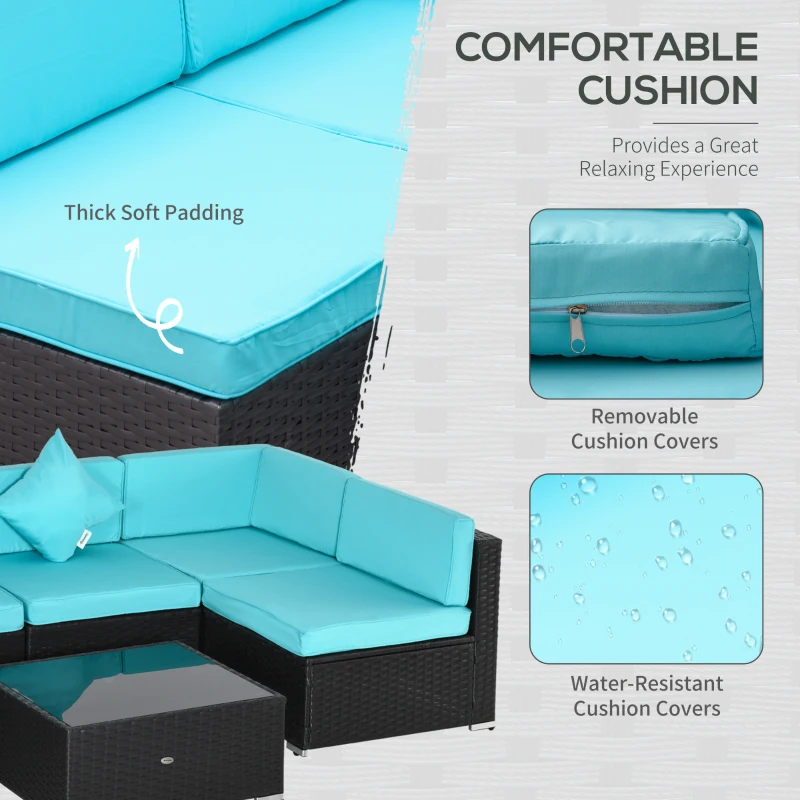 Outsunny 7-Piece Patio Furniture Set, Outdoor Wicker Conversation Set, All Weather PE Rattan Sectional Sofa Set with Cushions and Tempered Glass Top Coffee Table, Pillows, Turquoise