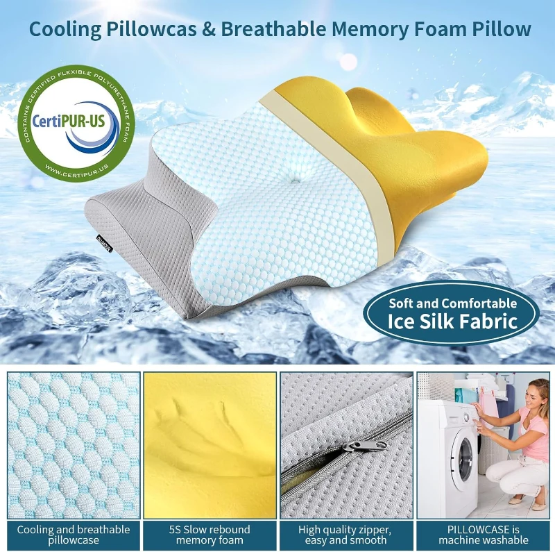 Ergonomic Memory Foam Neck Pillow with Breathable Pillowcase, Orthopedic Pillow for Side, Back, Stomach Sleepers, 25" L x 14.5" W x 5.1" H, Blue