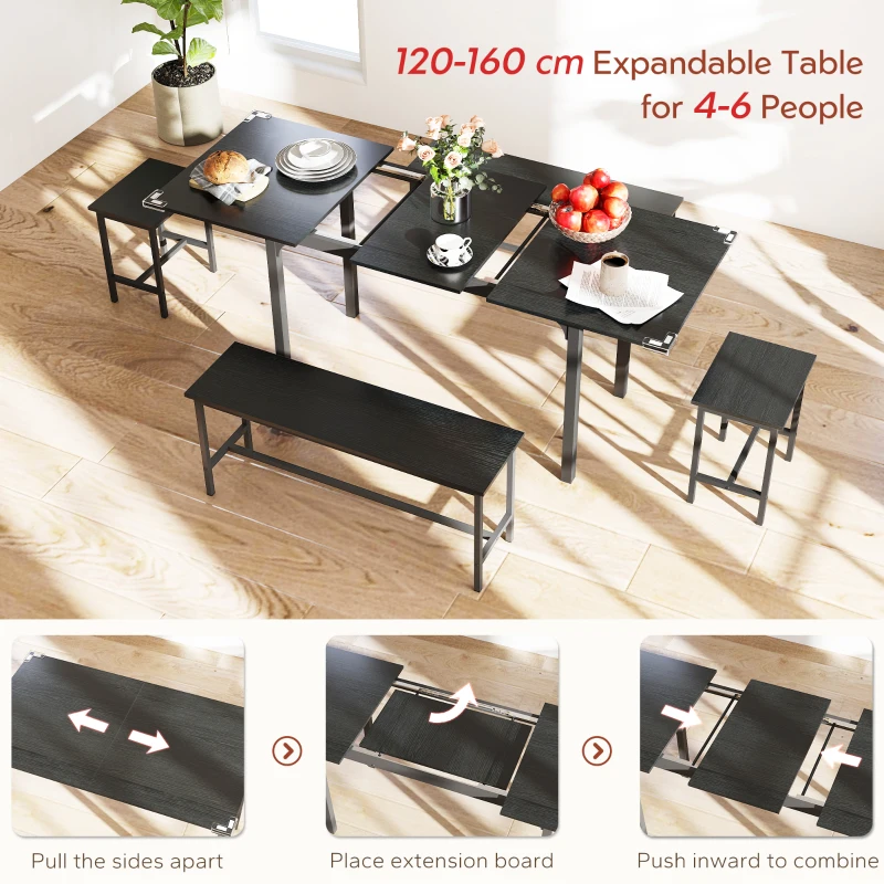 HOMCOM Extendable Dining Table Set, 5-Piece Dining Set for 4-6 with 2 Benches and 2 Stools for Small Spaces, Black