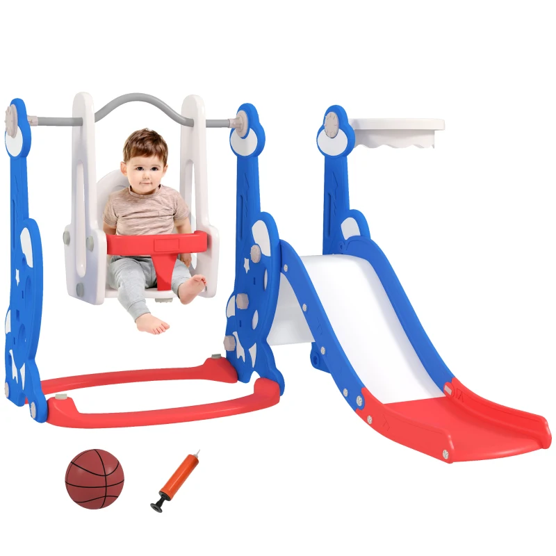 Qaba 4-in-1 Slide and Swing Set with Basketball Hoop, Climber, for Ages 1.5-4 Boys Girls Toddler, Rocket Themed, Dark Blue