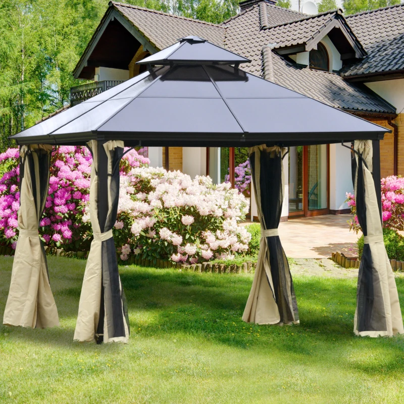 Outsunny 10' x 10' 2-Tier Outdoor Gazebo Canopy with Polycarbonate Roof, Curtains and Netting, for Garden, Deck, Beige