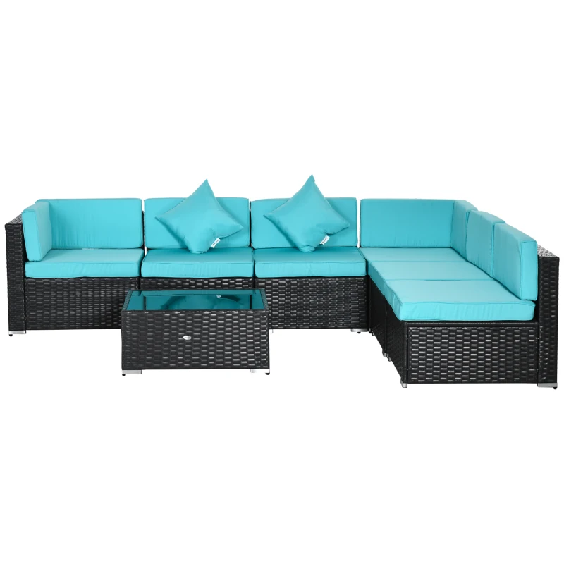 Outsunny 7-Piece Patio Furniture Set, Outdoor Wicker Conversation Set, All Weather PE Rattan Sectional Sofa Set with Cushions and Tempered Glass Top Coffee Table, Pillows, Turquoise