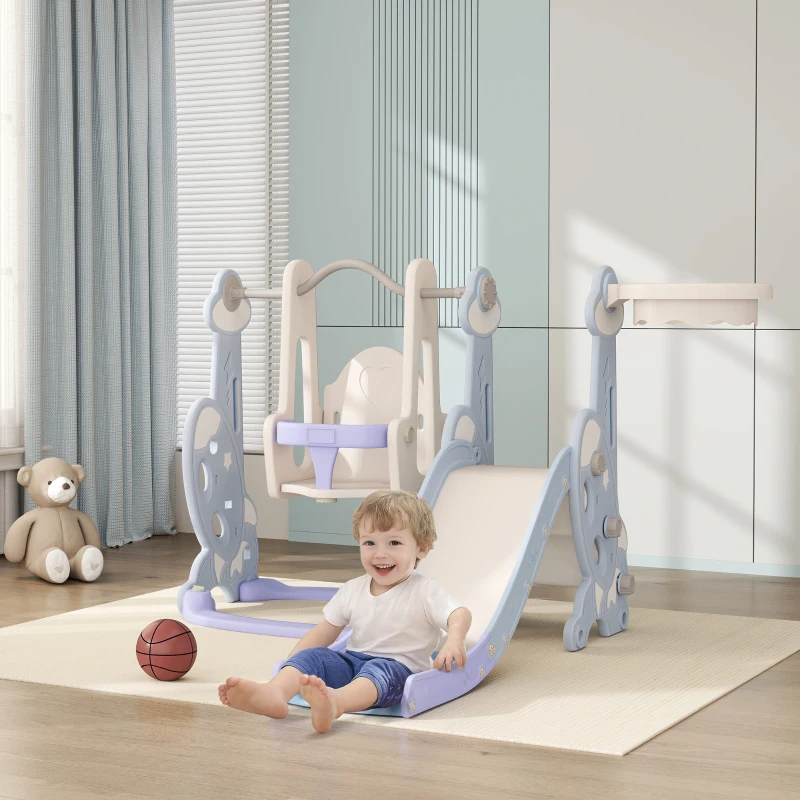 Qaba 4 in 1 Toddler Slide and Swing Set for Ages 1.5-4, Toddler Playset Playground with Climber, Basketball Hoop, Light Blue