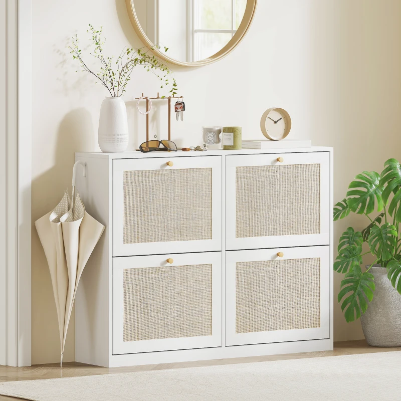 HOMCOM Narrow Shoe Storage Cabinet, Rattan Shoe Cabinet with 4 Flip Drawers and Adjustable Shelves for 20 Pairs, White