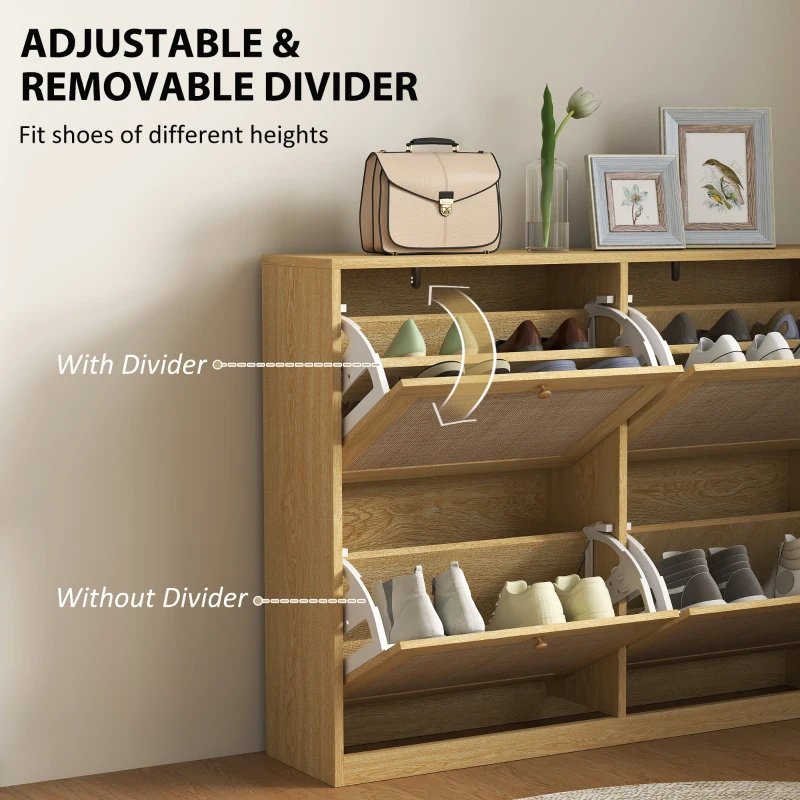 HOMCOM Narrow Shoe Storage Cabinet, Rattan Shoe Cabinet with 4 Flip Drawers and Adjustable Shelves for 20 Pairs, Oak